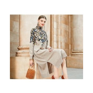 AIMEILI-Vestido holgado de manga larga con cuello alto para mujer, prenda elegante con estampado retro e informal para fiesta, o