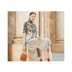 AIMEILI-Vestido holgado de manga larga con cuello alto para mujer, prenda elegante con estampado retro e informal para fiesta, o