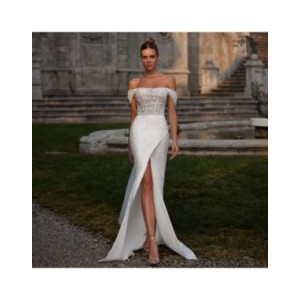 Vestido De Novia De tul con cuentas, traje De sirena con cuello barco y hombros descubiertos, con cordones en la parte posterior Vestido De Novia De tul con cuentas, traje De sirena con cuello barco y hombros descubiertos, con cordones en la parte posterior