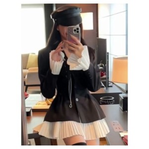 Vestido de traje de retazos elegante para mujer, cuello vuelto, botonadura única, manga acampanada, plisado, ropa elegante corea