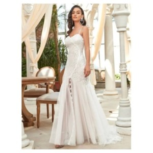 Vestido de novia elegante con escote Corazón y tirantes finos para mujer, vestido de novia con silueta de cola de pez de encaje,