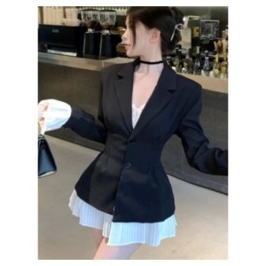 Vestido de traje de retazos elegante para mujer, cuello vuelto, botonadura única, manga acampanada, plisado, ropa elegante corea