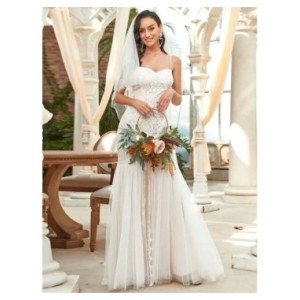 Vestido de novia elegante con escote Corazón y tirantes finos para mujer, vestido de novia con silueta de cola de pez de encaje,