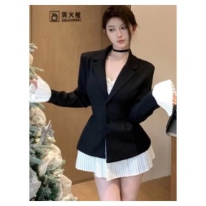 Vestido de traje de retazos elegante para mujer, cuello vuelto, botonadura única, manga acampanada, plisado, ropa elegante corea