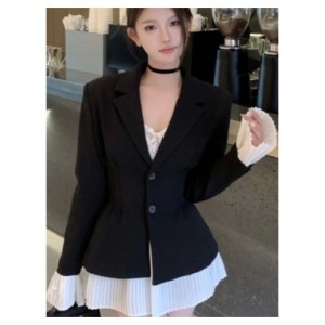 Vestido de traje de retazos elegante para mujer, cuello vuelto, botonadura única, manga acampanada, plisado, ropa elegante corea