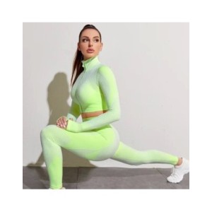 Conjunto de Yoga sin costuras para mujer, ropa deportiva de entrenamiento, gimnasio, Top corto de manga larga, Leggings de cintu Conjunto de Yoga sin costuras para mujer, ropa deportiva de entrenamiento, gimnasio, Top corto de manga larga, Leggings de cintu