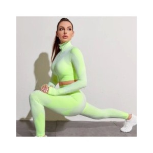 Conjunto de Yoga sin costuras para mujer, ropa deportiva de entrenamiento, gimnasio, Top corto de manga larga, Leggings de cintu Conjunto de Yoga sin costuras para mujer, ropa deportiva de entrenamiento, gimnasio, Top corto de manga larga, Leggings de cintu