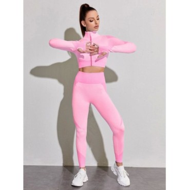 Conjunto de Yoga sin costuras para mujer, ropa deportiva de entrenamiento, gimnasio, Top corto de manga larga, Leggings de cintu