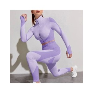 Conjunto de Yoga sin costuras para mujer, ropa deportiva de entrenamiento, gimnasio, Top corto de manga larga, Leggings de cintu Conjunto de Yoga sin costuras para mujer, ropa deportiva de entrenamiento, gimnasio, Top corto de manga larga, Leggings de cintu