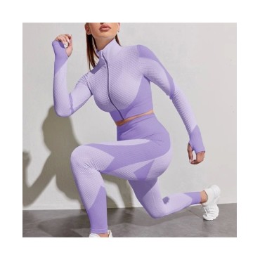 Conjunto de Yoga sin costuras para mujer, ropa deportiva de entrenamiento, gimnasio, Top corto de manga larga, Leggings de cintu