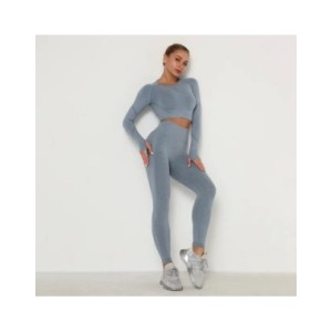 Conjunto de Yoga sin costuras para mujer, ropa deportiva de entrenamiento, Top corto de manga larga, Leggings de cintura alta, t Conjunto de Yoga sin costuras para mujer, ropa deportiva de entrenamiento, Top corto de manga larga, Leggings de cintura alta, t