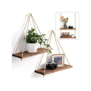 Estante de pared de cuerda de cáñamo colgante de columpio de madera, estante flotante montado en la sala de estar del hogar, ban Estante de pared de cuerda de cáñamo colgante de columpio de madera, estante flotante montado en la sala de estar del hogar, ban