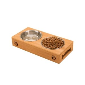 Cuenco de cerámica para perro y gato, cuenco de madera de bambú, doble, resistente al deslizamiento, para comida de perro pequeñ