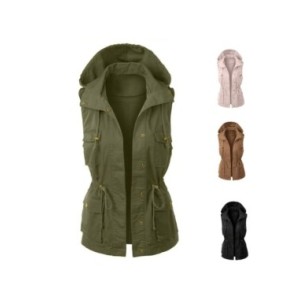 Chaleco militar sin mangas para mujer, chaqueta ligera con cordón, con capucha, abrigo informal cálido sin mangas para invierno Chaleco militar sin mangas para mujer, chaqueta ligera con cordón, con capucha, abrigo informal cálido sin mangas para invierno