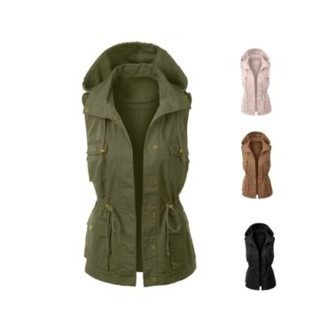 Chaleco militar sin mangas para mujer, chaqueta ligera con cordón, con capucha, abrigo informal cálido sin mangas para invierno