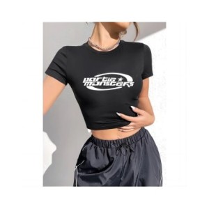 Camiseta elástica con estampado Vintage Y2K para mujer, Top corto ajustado acanalado de manga larga con cuello redondo, camiseta Camiseta elástica con estampado Vintage Y2K para mujer, Top corto ajustado acanalado de manga larga con cuello redondo, camiseta