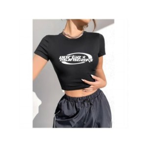 Camiseta elástica con estampado Vintage Y2K para mujer, Top corto ajustado acanalado de manga larga con cuello redondo, camiseta Camiseta elástica con estampado Vintage Y2K para mujer, Top corto ajustado acanalado de manga larga con cuello redondo, camiseta