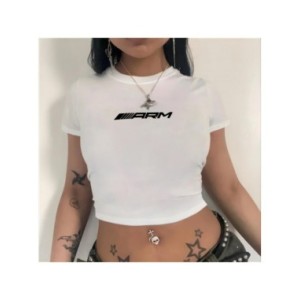 Camiseta elástica con estampado Vintage Y2K para mujer, Top corto ajustado acanalado de manga larga con cuello redondo, camiseta Camiseta elástica con estampado Vintage Y2K para mujer, Top corto ajustado acanalado de manga larga con cuello redondo, camiseta