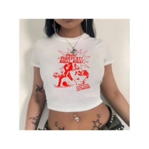 Camiseta elástica con estampado Vintage Y2K para mujer, Top corto ajustado acanalado de manga larga con cuello redondo, camiseta Camiseta elástica con estampado Vintage Y2K para mujer, Top corto ajustado acanalado de manga larga con cuello redondo, camiseta