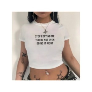 Camiseta elástica con estampado Vintage Y2K para mujer, Top corto ajustado acanalado de manga larga con cuello redondo, camiseta Camiseta elástica con estampado Vintage Y2K para mujer, Top corto ajustado acanalado de manga larga con cuello redondo, camiseta