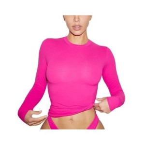 Camiseta corta Y2k de manga larga para mujer, jerseys ajustados con cuello redondo, Camiseta básica lisa, ropa de calle femenina Camiseta corta Y2k de manga larga para mujer, jerseys ajustados con cuello redondo, Camiseta básica lisa, ropa de calle femenina