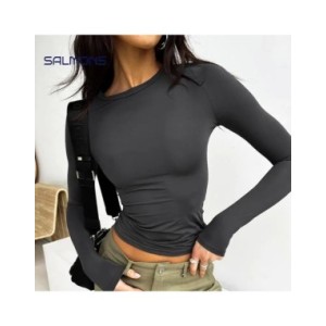 Camiseta corta Y2k de manga larga para mujer, jerseys ajustados con cuello redondo, Camiseta básica lisa, ropa de calle femenina Camiseta corta Y2k de manga larga para mujer, jerseys ajustados con cuello redondo, Camiseta básica lisa, ropa de calle femenina