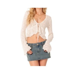 Top corto de punto para mujer, camiseta de manga larga con cuello en V, puño acampanado, atado frontal, Sexy, holgado, Rebeca pa Top corto de punto para mujer, camiseta de manga larga con cuello en V, puño acampanado, atado frontal, Sexy, holgado, Rebeca pa