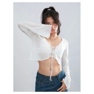 Top corto de punto para mujer, camiseta de manga larga con cuello en V, puño acampanado, atado frontal, Sexy, holgado, Rebeca pa Top corto de punto para mujer, camiseta de manga larga con cuello en V, puño acampanado, atado frontal, Sexy, holgado, Rebeca pa