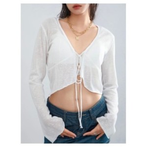 Top corto de punto para mujer, camiseta de manga larga con cuello en V, puño acampanado, atado frontal, Sexy, holgado, Rebeca pa Top corto de punto para mujer, camiseta de manga larga con cuello en V, puño acampanado, atado frontal, Sexy, holgado, Rebeca pa