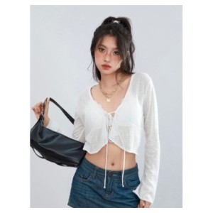 Top corto de punto para mujer, camiseta de manga larga con cuello en V, puño acampanado, atado frontal, Sexy, holgado, Rebeca pa Top corto de punto para mujer, camiseta de manga larga con cuello en V, puño acampanado, atado frontal, Sexy, holgado, Rebeca pa