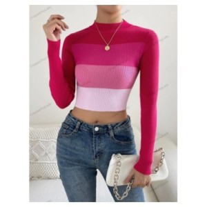 Suéter acanalado de manga larga para mujer, Jersey de punto con cuello alto, color block, primavera, 2024 Suéter acanalado de manga larga para mujer, Jersey de punto con cuello alto, color block, primavera, 2024