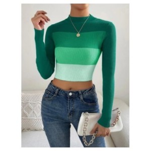 Suéter acanalado de manga larga para mujer, Jersey de punto con cuello alto, color block, primavera, 2024 Suéter acanalado de manga larga para mujer, Jersey de punto con cuello alto, color block, primavera, 2024
