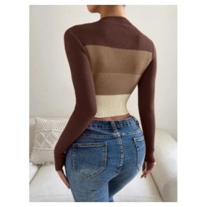 Suéter acanalado de manga larga para mujer, Jersey de punto con cuello alto, color block, primavera, 2024 Suéter acanalado de manga larga para mujer, Jersey de punto con cuello alto, color block, primavera, 2024