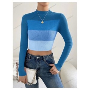 Suéter acanalado de manga larga para mujer, Jersey de punto con cuello alto, color block, primavera, 2024 Suéter acanalado de manga larga para mujer, Jersey de punto con cuello alto, color block, primavera, 2024
