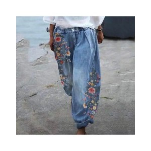Pantalones de pierna ancha con patrón de flores para mujer, pantalones farol de pierna ancha, pantalones cómodos de cintura medi