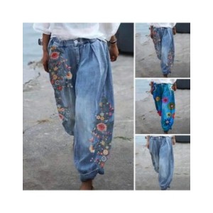 Pantalones de pierna ancha con patrón de flores para mujer, pantalones farol de pierna ancha, pantalones cómodos de cintura medi