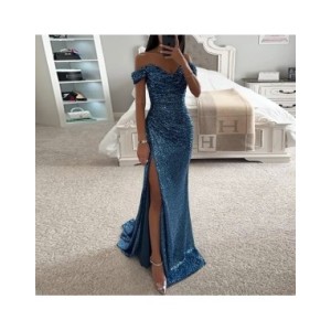 Vestido largo Vintage con lentejuelas para mujer, traje Sexy y hombros descubiertos ajustado con escote en V, con abertura, para