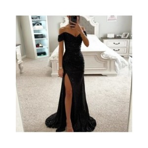 Vestido largo Vintage con lentejuelas para mujer, traje Sexy y hombros descubiertos ajustado con escote en V, con abertura, para