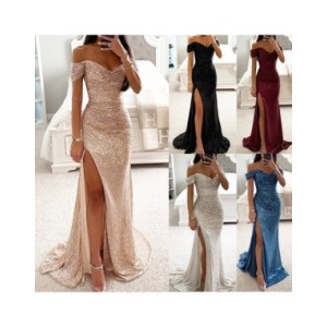 Vestido largo Vintage con lentejuelas para mujer, traje Sexy y hombros descubiertos ajustado con escote en V, con abertura, para