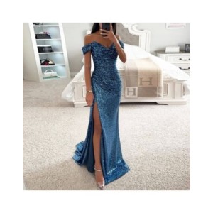 Vestido largo Vintage con lentejuelas para mujer, traje Sexy y hombros descubiertos ajustado con escote en V, con abertura, para