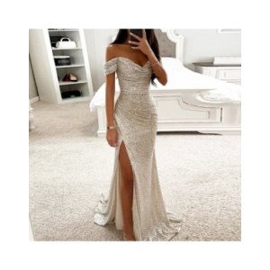 Vestido largo Vintage con lentejuelas para mujer, traje Sexy y hombros descubiertos ajustado con escote en V, con abertura, para