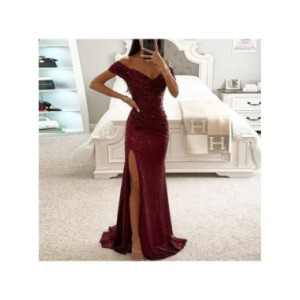 Vestido largo Vintage con lentejuelas para mujer, traje Sexy y hombros descubiertos ajustado con escote en V, con abertura, para