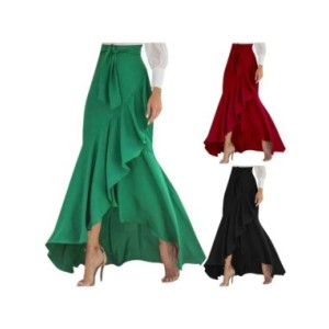 Falda de cintura alta para mujer, dobladillo con volantes, cintura trasera, falda elástica de sirena, vestido Maxi de fiesta de  Falda de cintura alta para mujer, dobladillo con volantes, cintura trasera, falda elástica de sirena, vestido Maxi de fiesta de