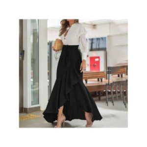 Falda de cintura alta para mujer, dobladillo con volantes, cintura trasera, falda elástica de sirena, vestido Maxi de fiesta de  Falda de cintura alta para mujer, dobladillo con volantes, cintura trasera, falda elástica de sirena, vestido Maxi de fiesta de