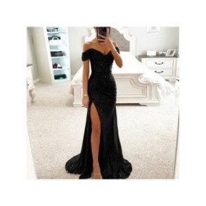 Vestido largo Vintage con lentejuelas para mujer, traje Sexy y hombros descubiertos ajustado con escote en V, con abertura, para