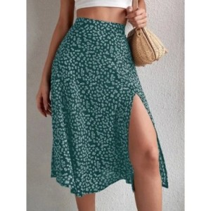 Faldas Midi elásticas con estampado Floral para mujer, faldas con abertura lateral, cintura alta, poliéster, moda Vintage Boho, 