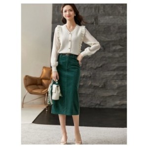 Sentubila-Falda Midi de pana para mujer, Falda de tubo con abertura de cintura alta, color verde oscuro, 2023