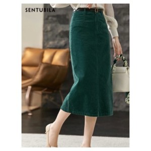 Sentubila-Falda Midi de pana para mujer, Falda de tubo con abertura de cintura alta, color verde oscuro, 2023