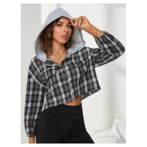Camisa corta a cuadros Retro para mujer, cárdigan informal de manga larga con capucha, blusa fina, Tops cortos, nuevo estilo Camisa corta a cuadros Retro para mujer, cárdigan informal de manga larga con capucha, blusa fina, Tops cortos, nuevo estilo
