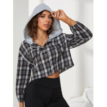 Camisa corta a cuadros Retro para mujer, cárdigan informal de manga larga con capucha, blusa fina, Tops cortos, nuevo estilo